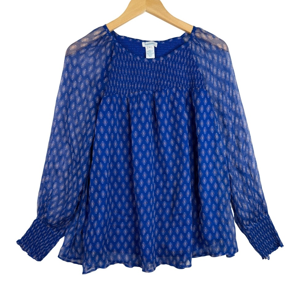 Sundance Exotic Beauty Smocked Long Sleeve Jacquard Blouse size Small Blue/